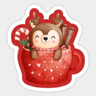 Cute Baby Christmas Reindeer In a Cup Sticker